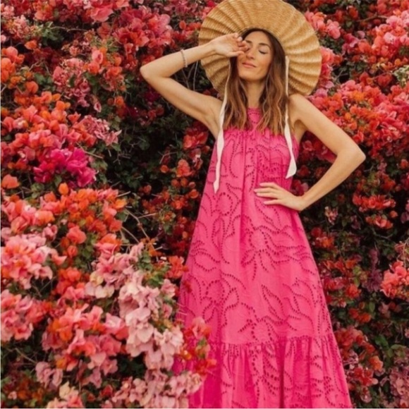 Anthropologie Dresses & Skirts - Anthropologie X Maeve Belrose Eyelet Tassels Maxi Dress Boho Bohemian Hot Pink